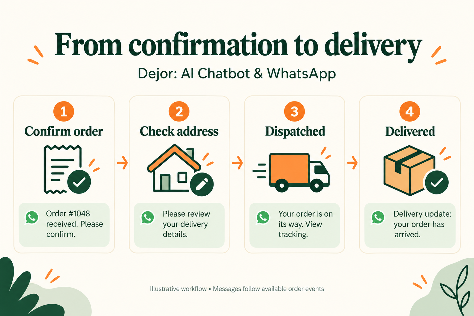 Four-stage illustrative Dejor workflow showing confirmation, address review, dispatch and delivery messages