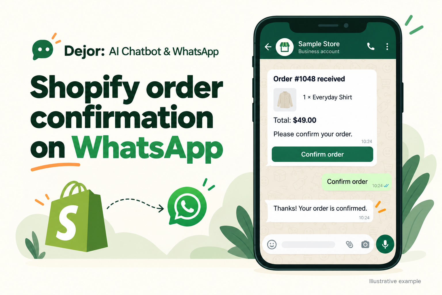 Illustrative Shopify order confirmation conversation with a customer confirming an order through WhatsApp