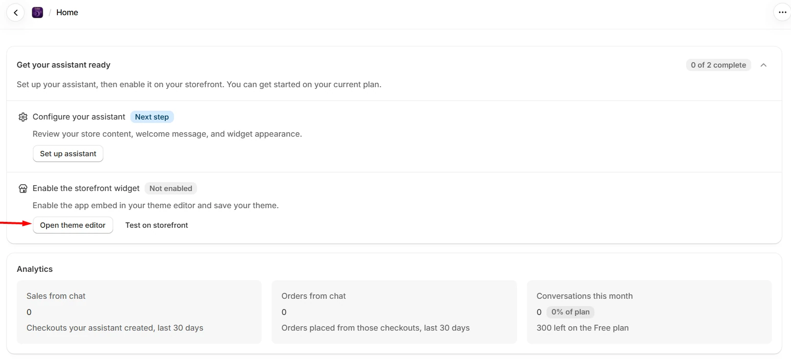 Dejor admin onboarding showing Set up assistant, Open theme editor and Test on storefront