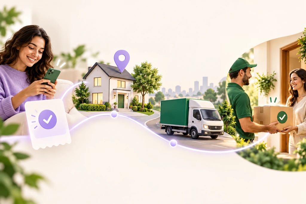 Illustration of order confirmation, address review, dispatch and delivery