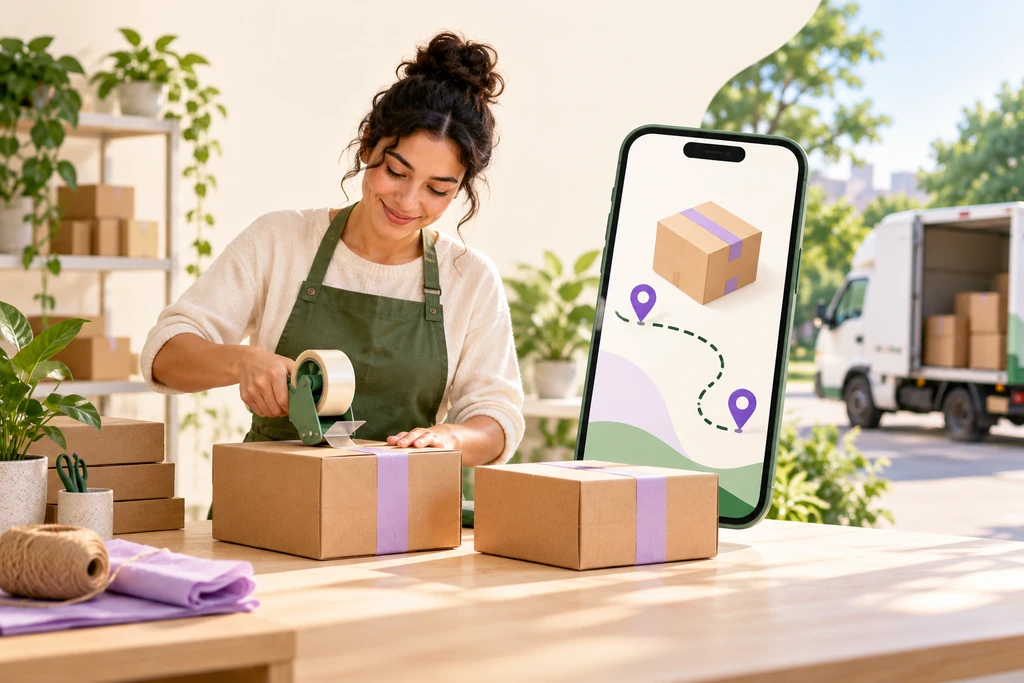 Illustration of parcel preparation and shipment tracking