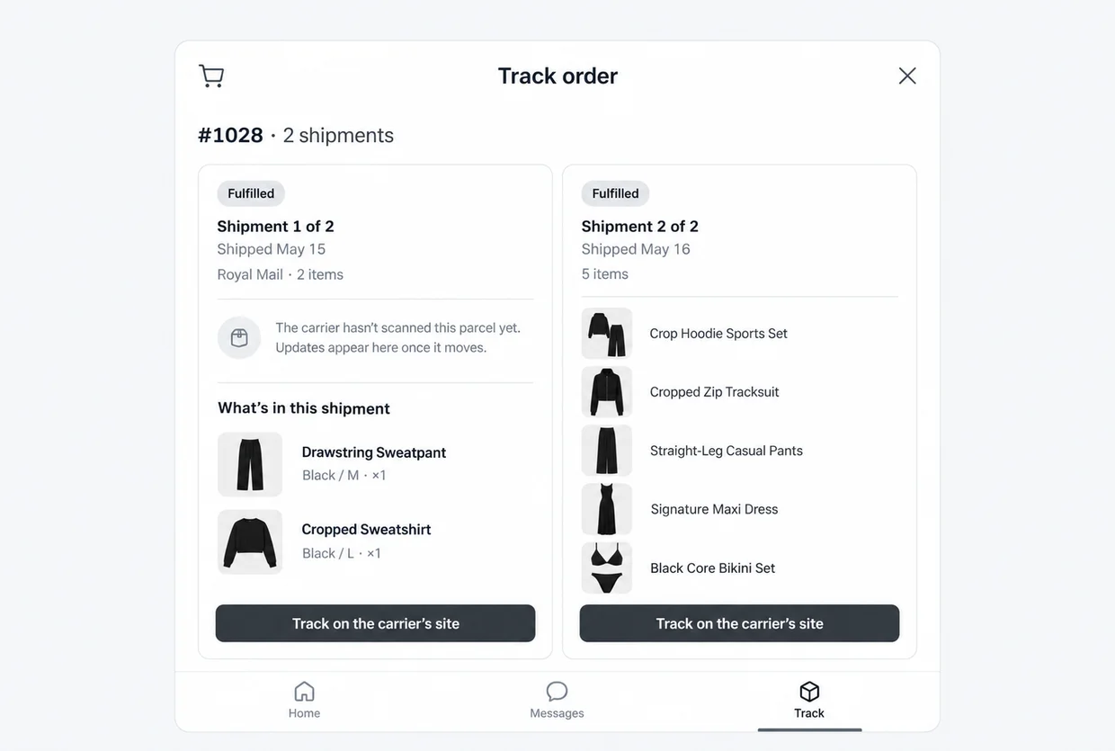 Illustration of Dejor order tracking with two shipments, fulfillment status, shipment items, and carrier tracking links